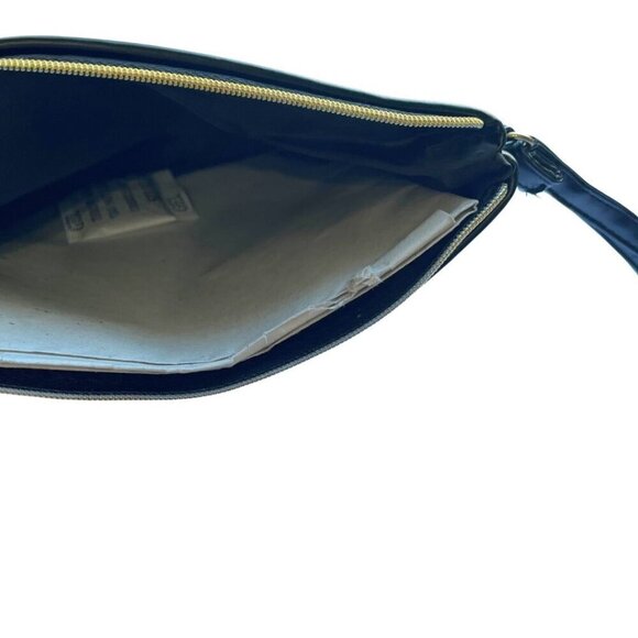 NWOT HANRO FAUX LEATHER NAVY BLUE FLORAL BIRD PRINT ZIPPED COSMETIC POUCH BAG - Picture 6 of 6